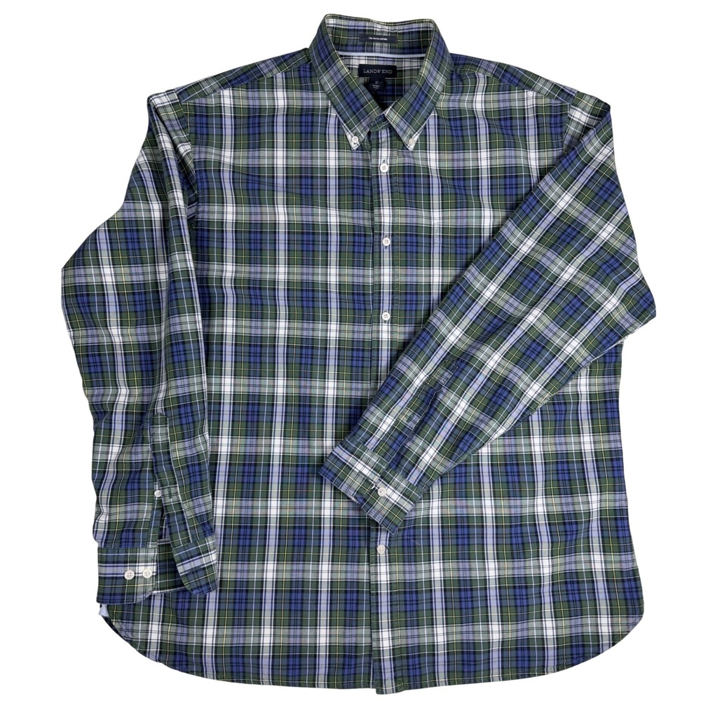 Lands End Sail Rigger Oxford Shirt Mens XL Green Blue Plaid Traditional Fit L/S